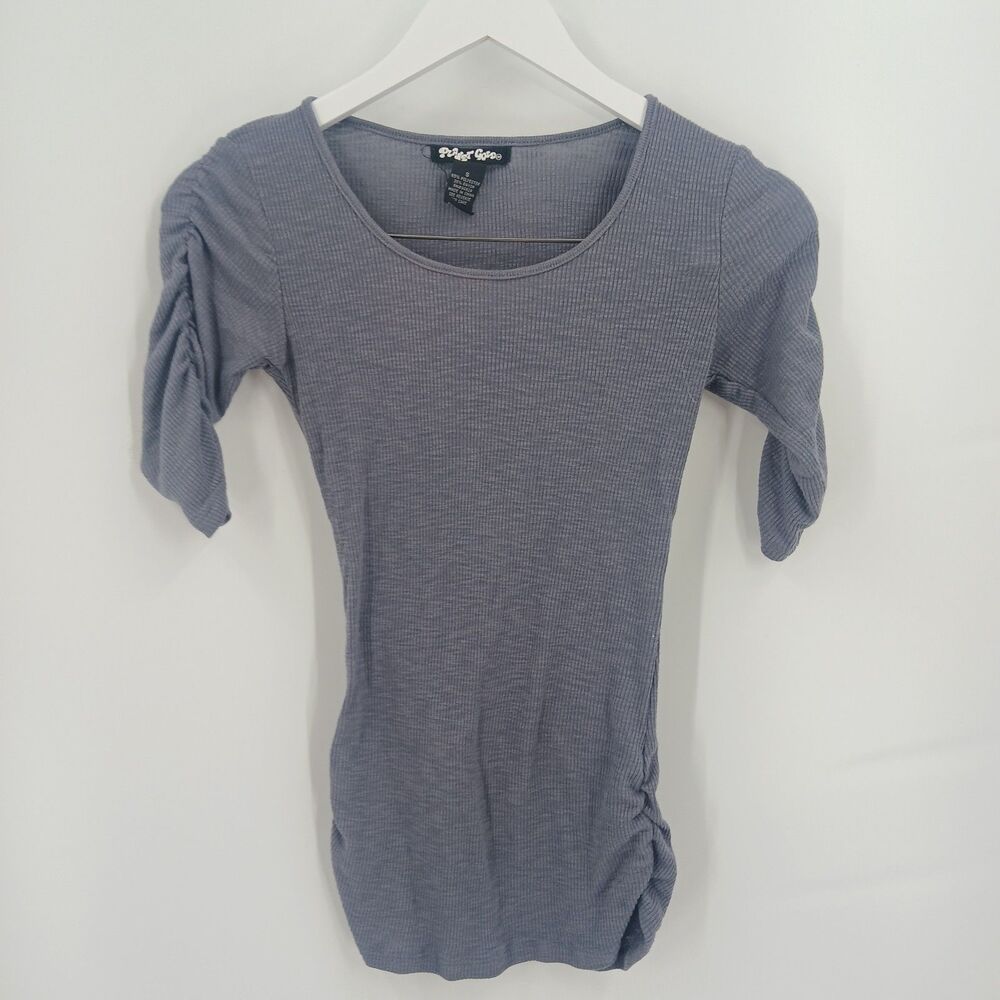 Planet Gold Womens Size Small Grey Ribbed Knit Short Sleeve Ruched Side Shirt
